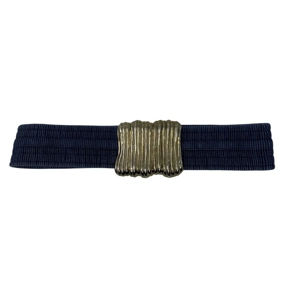 Vintage Navy Blue Elastic‎ Cinch Belt Gold Tone Textured Sculptural Buckle Retro
